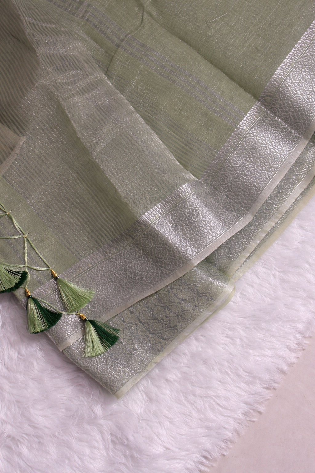 Green Premium Handloom Linen Silk Saree with Elegant Embroidery, Zari Border & Tassels