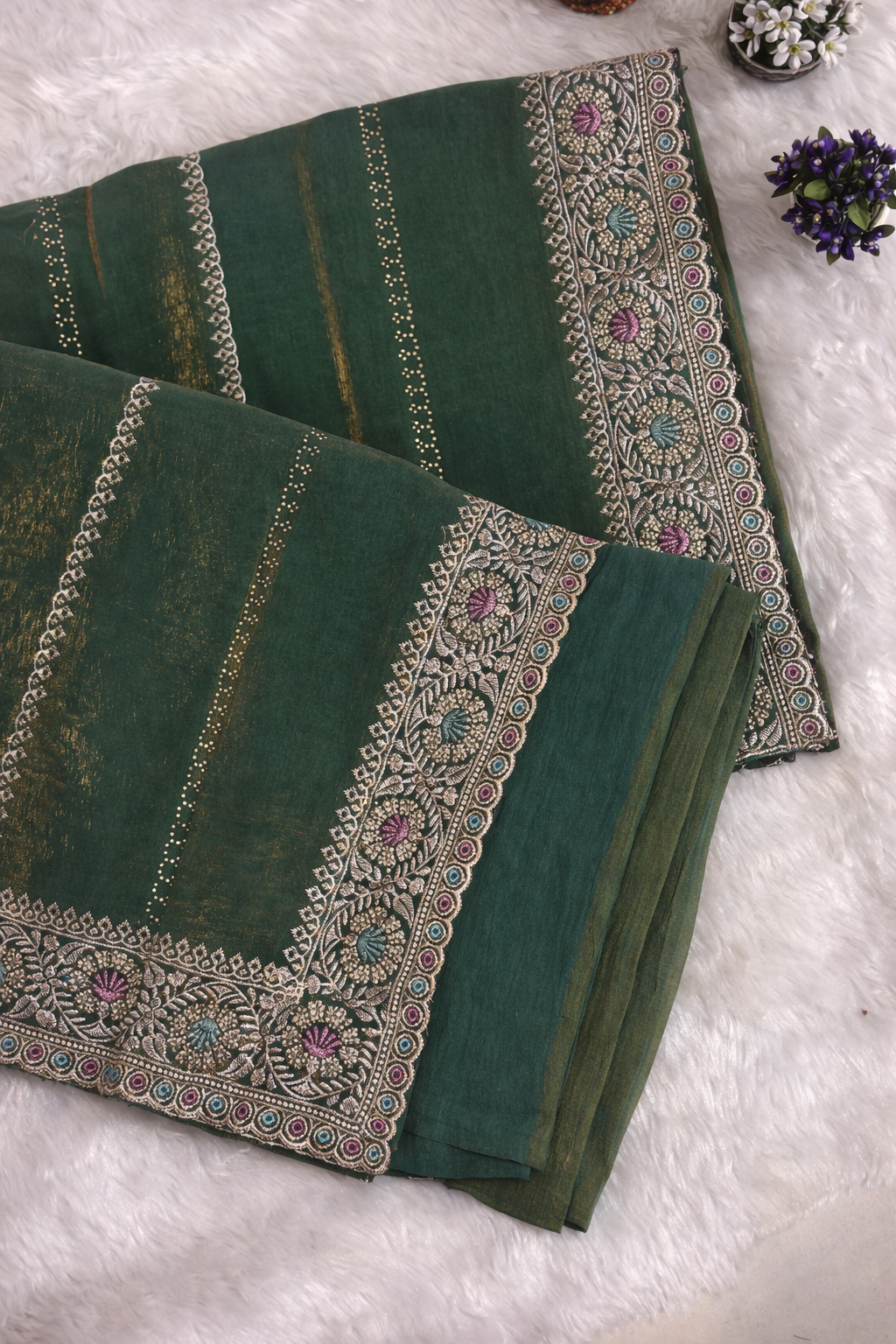 Bottle Green Linen Silk Saree with Multicolor Embroidered Border