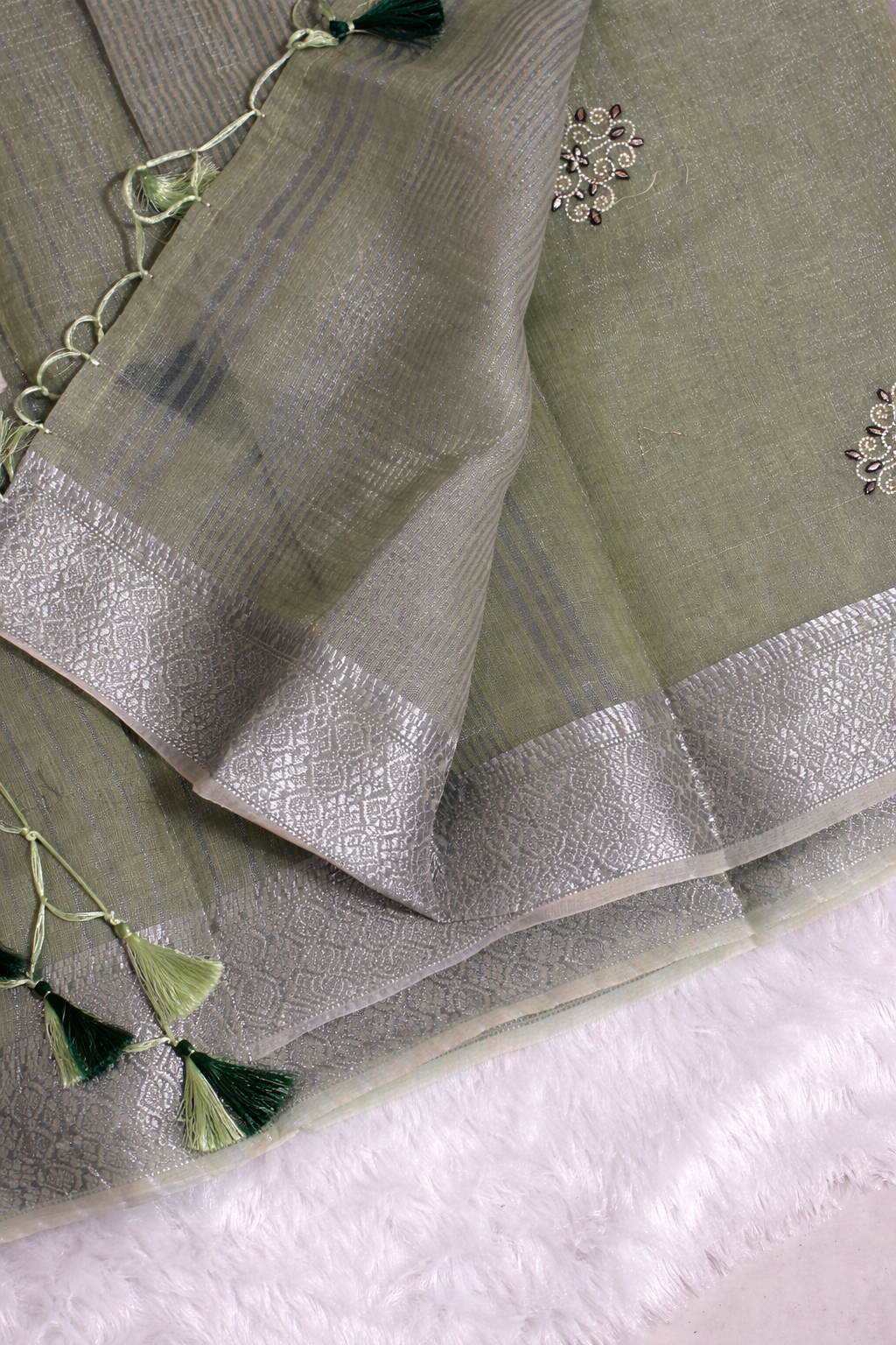 Green Premium Handloom Linen Silk Saree with Elegant Embroidery, Zari Border & Tassels