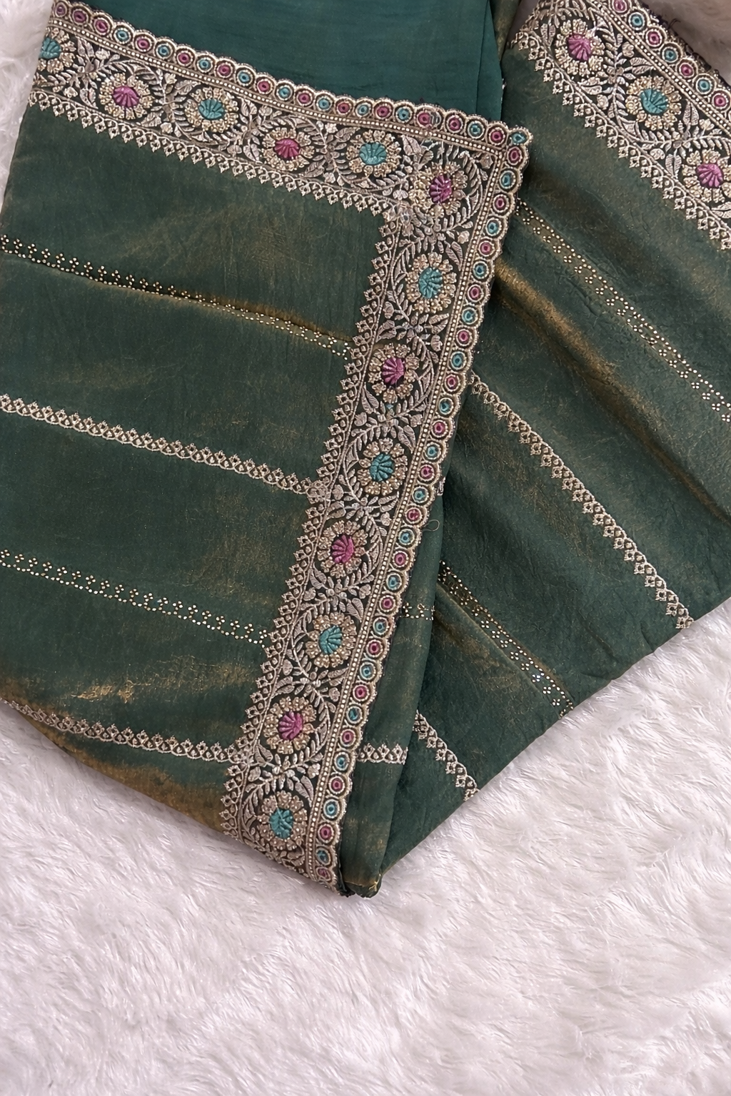 Bottle Green Linen Silk Saree with Multicolor Embroidered Border