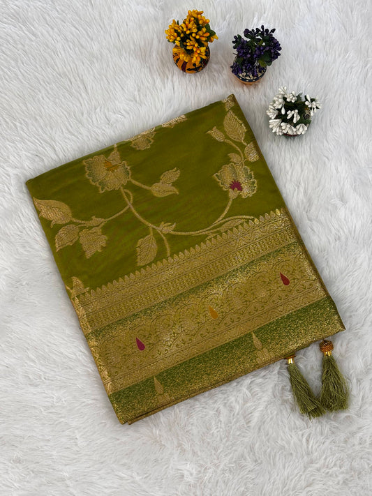Olive Green Silk Saree with Antique Gold Floral Weave & Traditional Zari Border