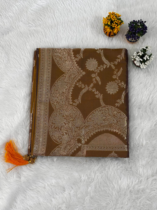 Coffee Brown Silk Saree with Antique Gold Floral Jaal & Rich Zari Border