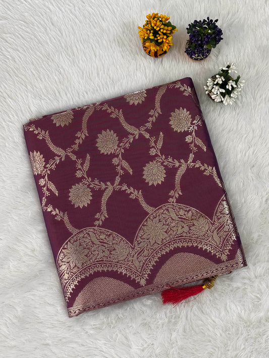 Wine Purple Silk Saree with Antique Gold Floral Jaal & Ornate Zari Border