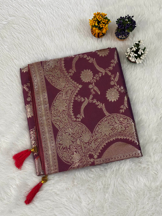 Wine Purple Silk Saree with Antique Gold Floral Jaal & Ornate Zari Border