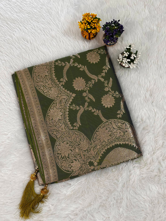 Olive Green Silk Saree with Gold Floral Jaal and Heritage Zari Border