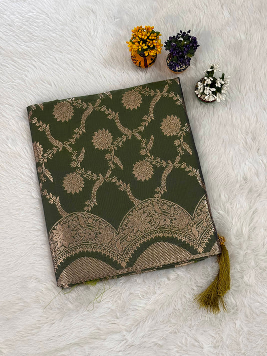 Olive Green Silk Saree with Gold Floral Jaal and Heritage Zari Border