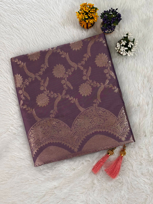 Plum Purple Silk Saree with Gold Floral Jaal and Ornate Zari Border