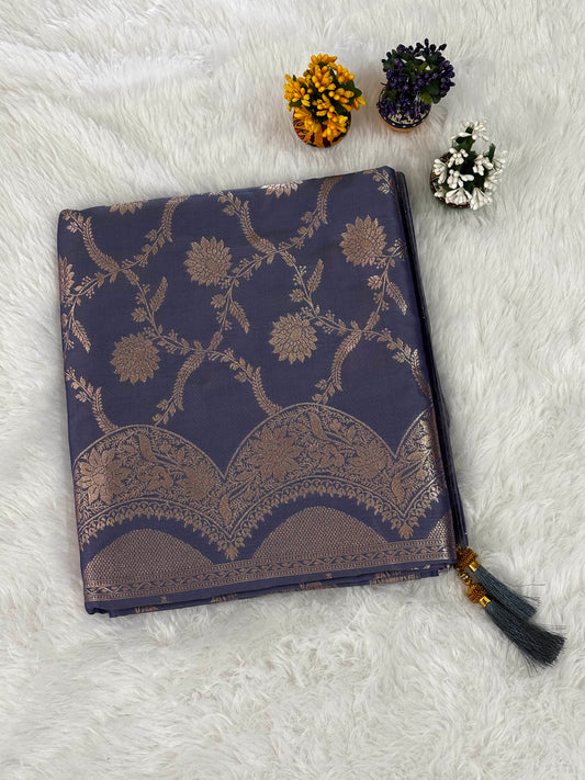 Slate Blue Silk Saree with Gold Floral Jaal and Elegant Zari Border