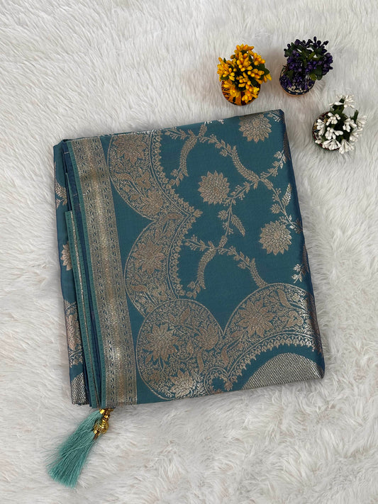 Teal Blue Silk Saree with Intricate Gold Floral Jaal and Ornate Zari Border
