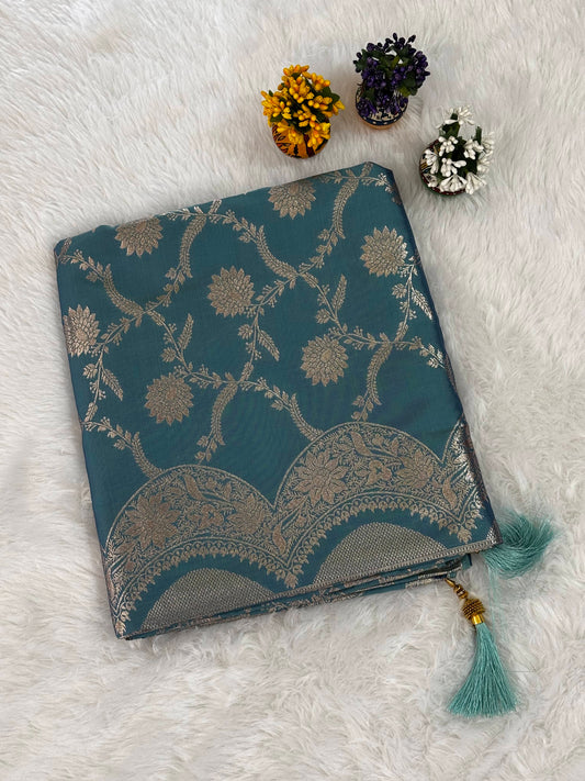 Teal Blue Silk Saree with Intricate Gold Floral Jaal and Ornate Zari Border
