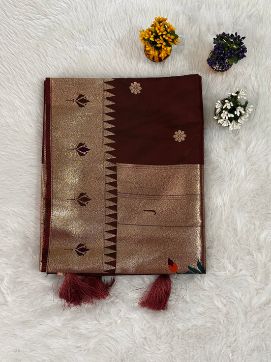 Elegant Coffee Brown Silk Saree with Gold Zari Border and Floral Butti Motifs
