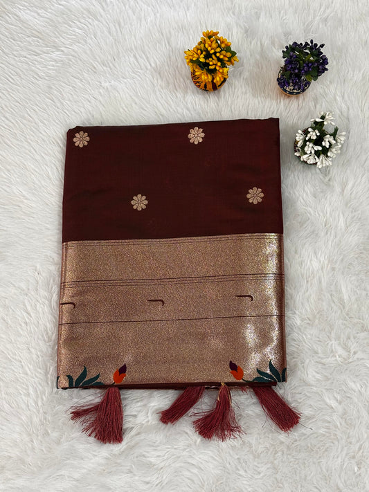 Elegant Coffee Brown Silk Saree with Gold Zari Border and Floral Butti Motifs