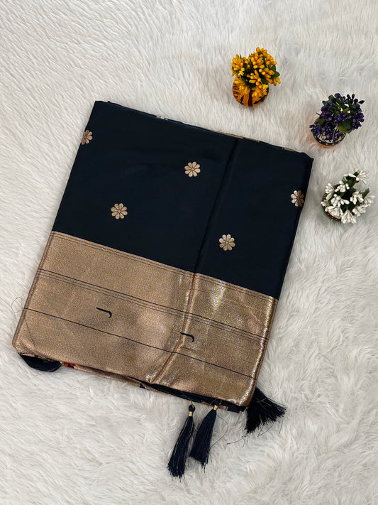 Classic Blue Silk Saree with Gold Zari Border and Floral Butti Motifs