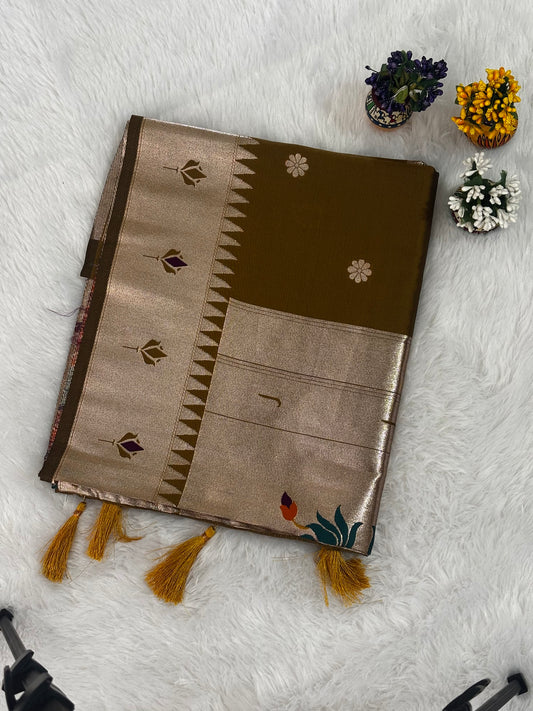 Olive Green Silk Saree with Gold Zari Border, Floral Butti & Designer Tassels