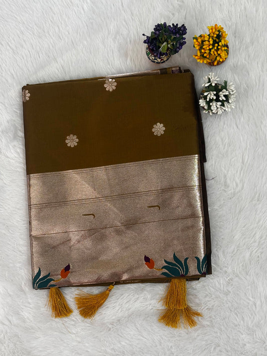Olive Green Silk Saree with Gold Zari Border, Floral Butti & Designer Tassels