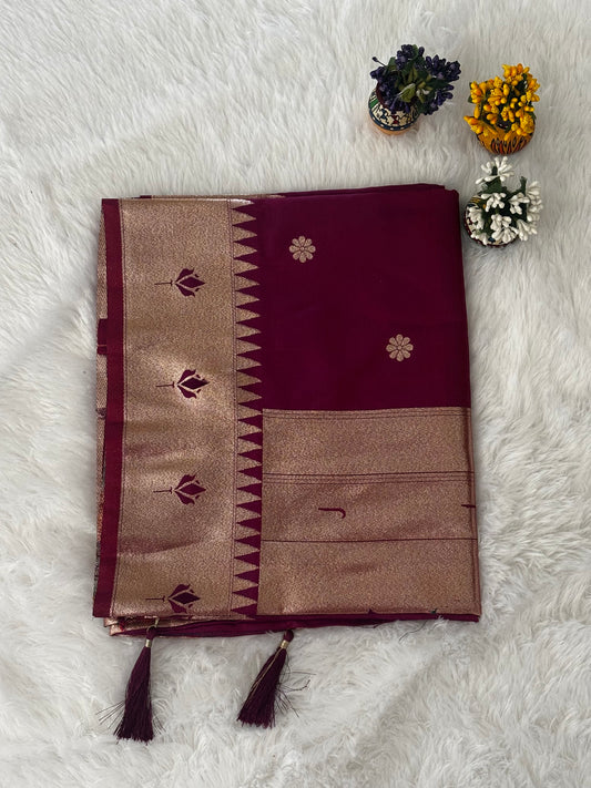 Rich Magenta Silk Saree with Gold Zari Border and Floral Butti Motifs