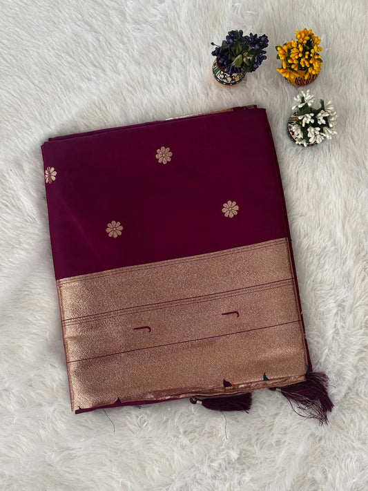 Rich Magenta Silk Saree with Gold Zari Border and Floral Butti Motifs