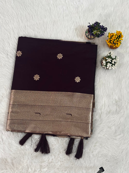 Deep Wine Purple Silk Saree with Gold Zari Border and Floral Butti Motifs