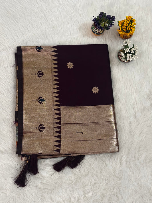 Deep Wine Purple Silk Saree with Gold Zari Border and Floral Butti Motifs
