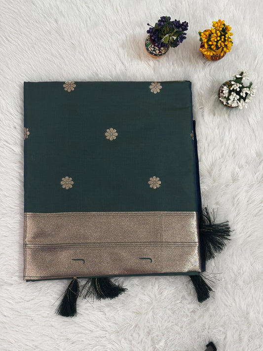 Bottle Green Silk Saree with Gold Zari Border and Floral Butti Motifs