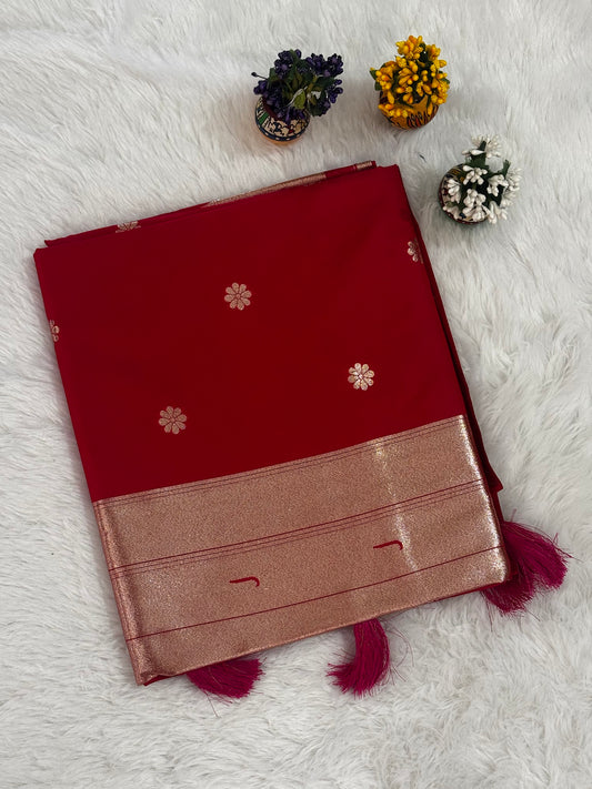 Classic Red Silk Saree with Gold Zari Border and Floral Butti Motifs
