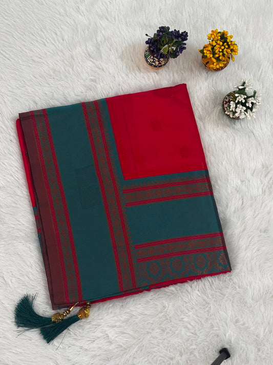 Red & Teal Dual-Tone Silk Saree with Classic Woven Border and Tassels