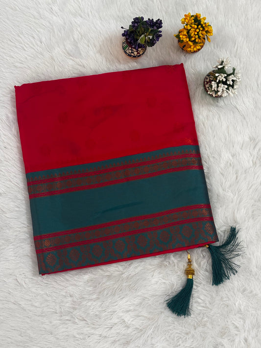 Red & Teal Dual-Tone Silk Saree with Classic Woven Border and Tassels