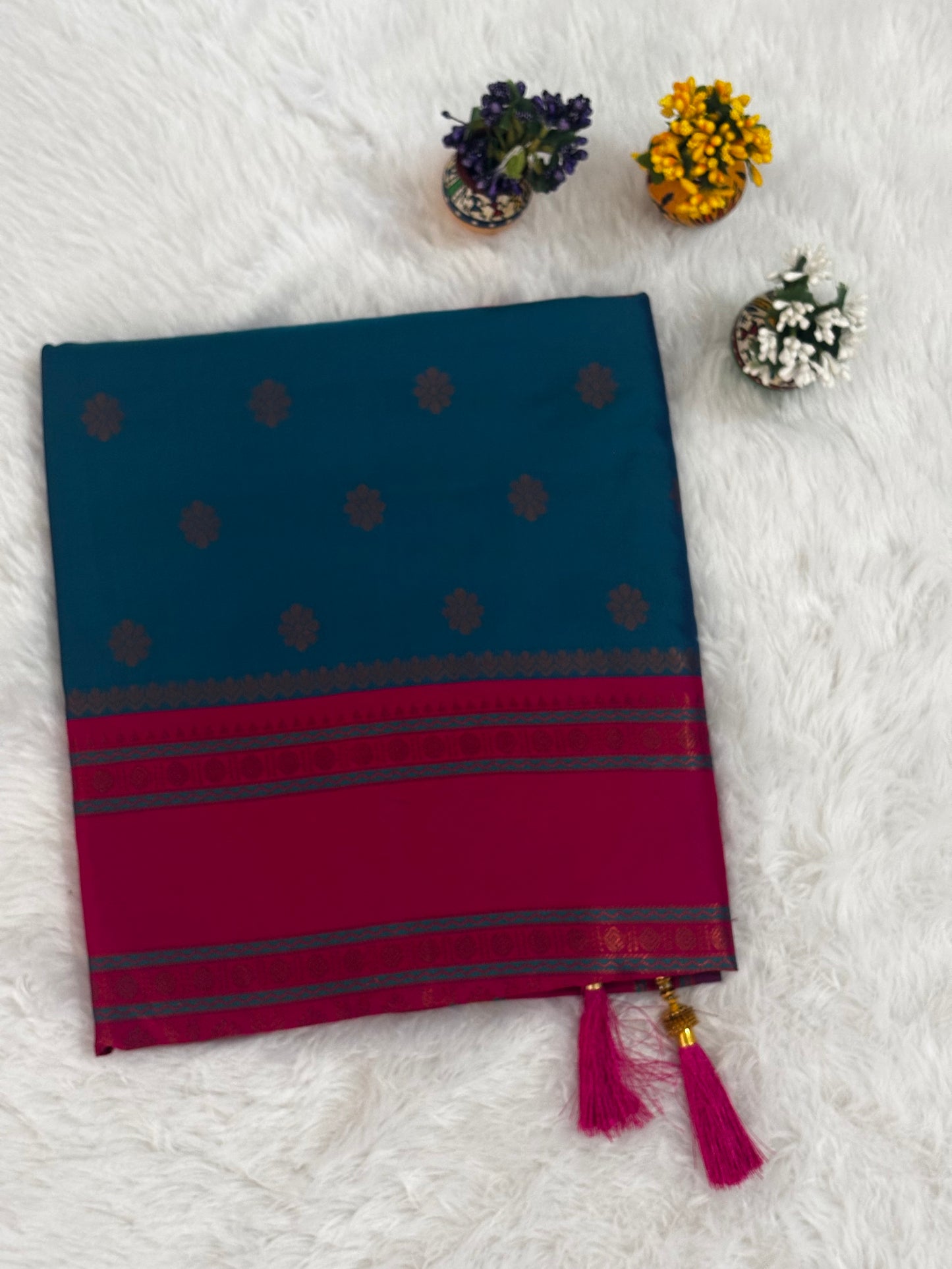 Teal Blue & Magenta Dual-Tone Silk Saree with Traditional Woven Border and Tassels