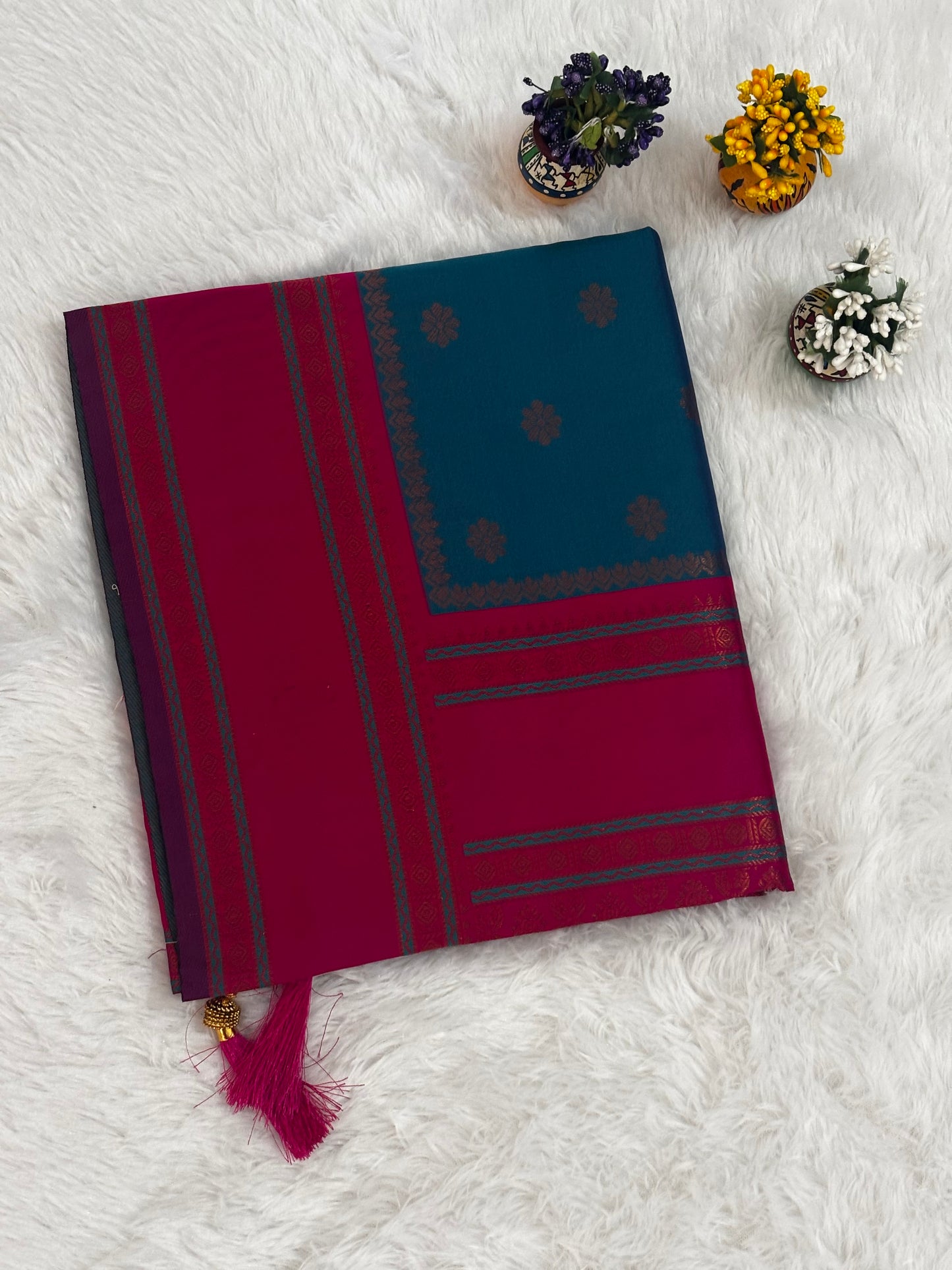 Teal Blue & Magenta Dual-Tone Silk Saree with Traditional Woven Border and Tassels