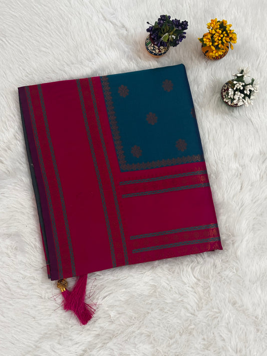 Teal Blue & Magenta Dual-Tone Silk Saree with Traditional Woven Border and Tassels