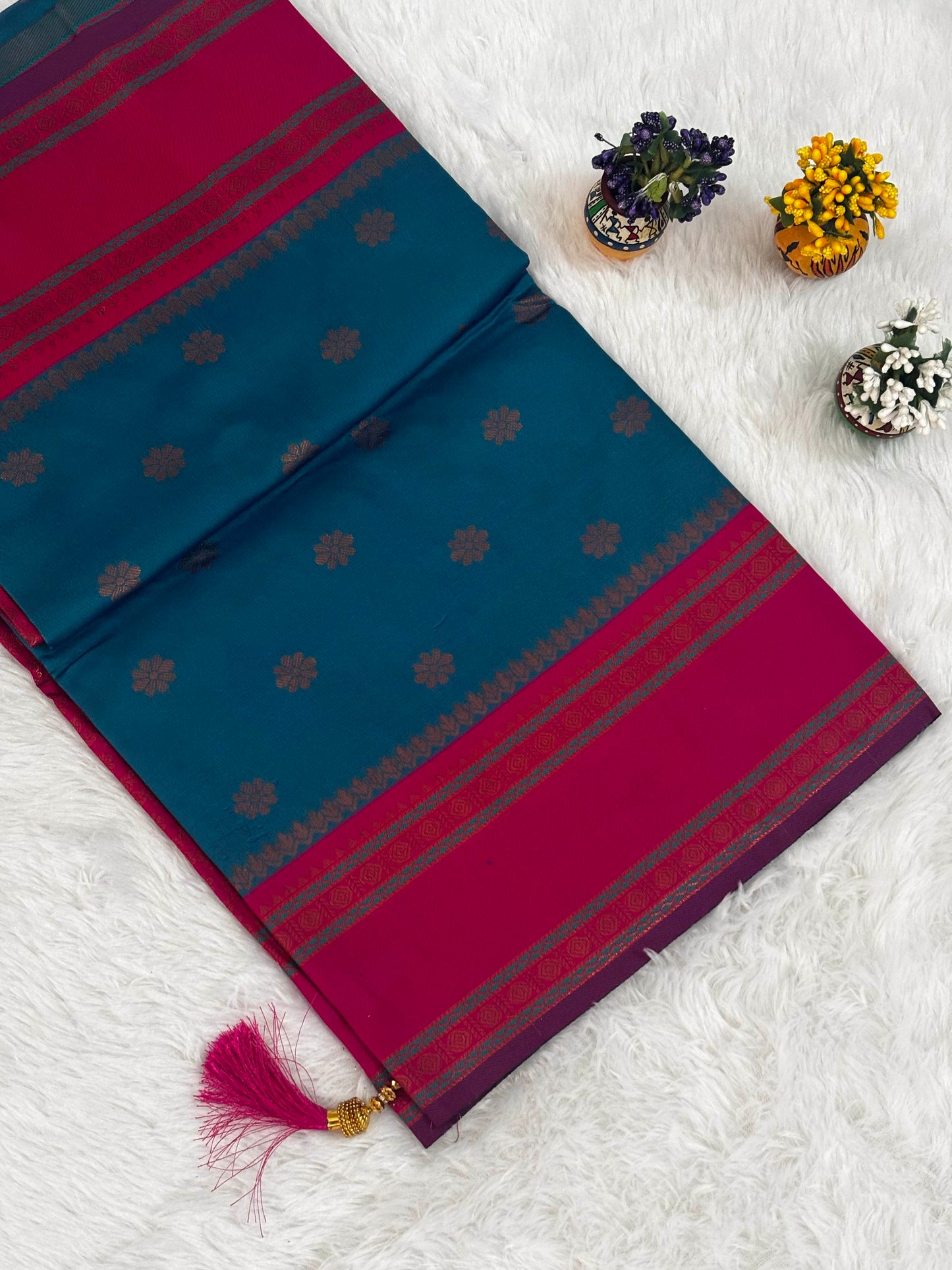 Teal Blue & Magenta Dual-Tone Silk Saree with Traditional Woven Border and Tassels