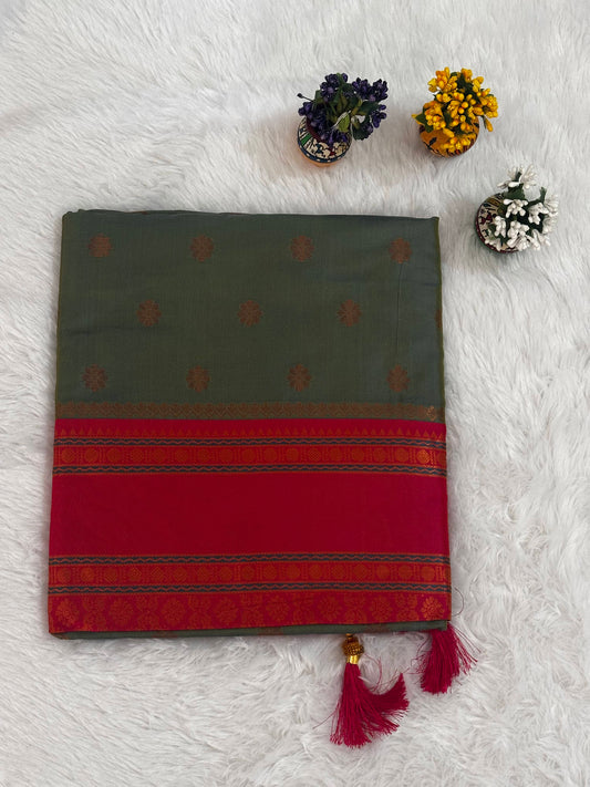 Olive Green & Crimson Red Dual-Tone Silk Saree with Traditional Woven Border and Tassels