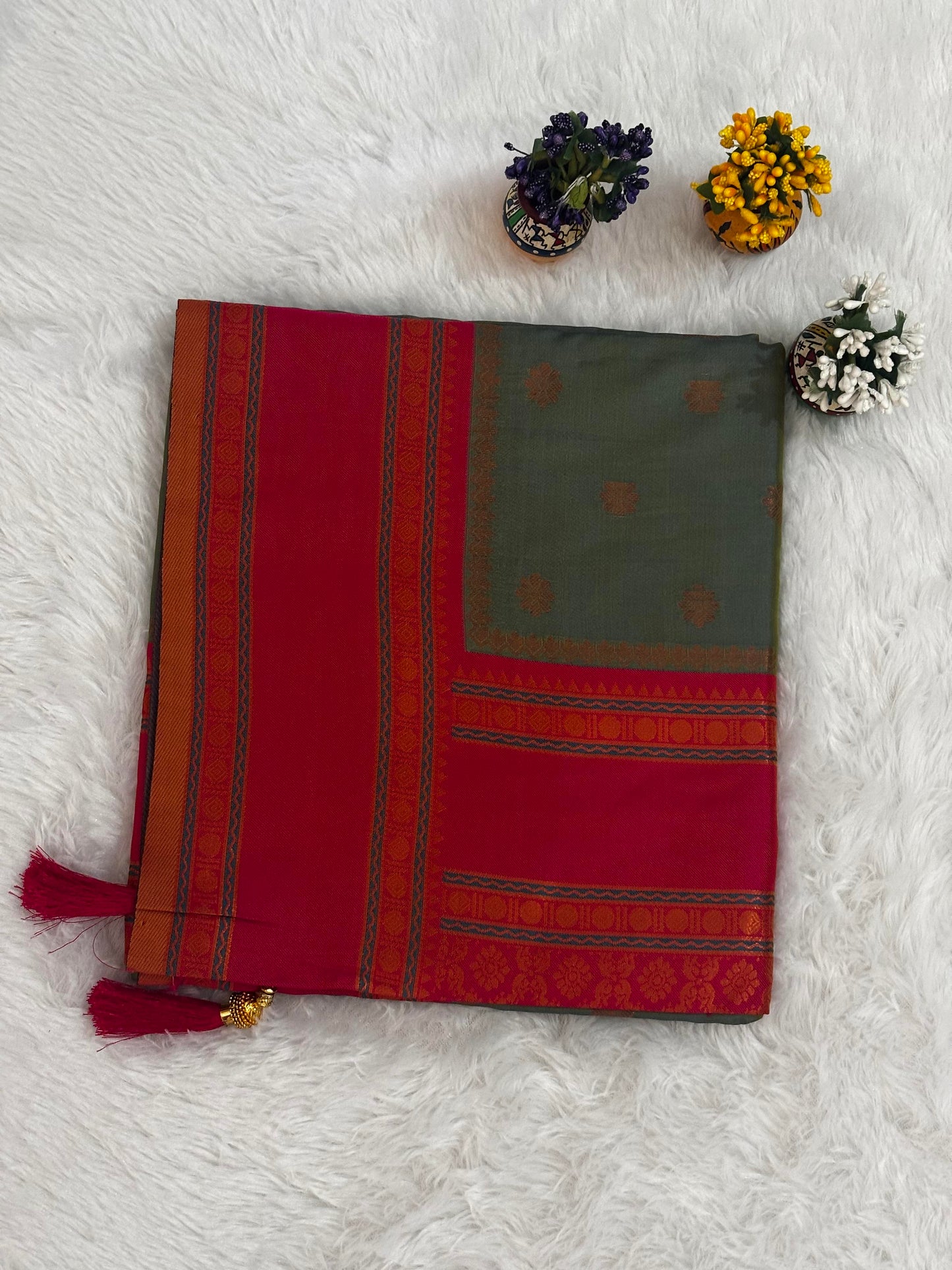 Olive Green & Crimson Red Dual-Tone Silk Saree with Traditional Woven Border and Tassels