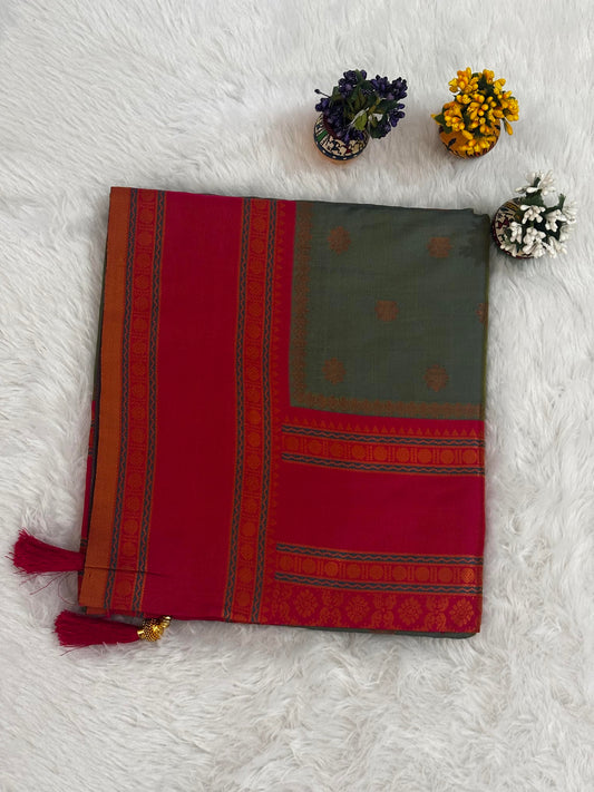 Olive Green & Crimson Red Dual-Tone Silk Saree with Traditional Woven Border and Tassels
