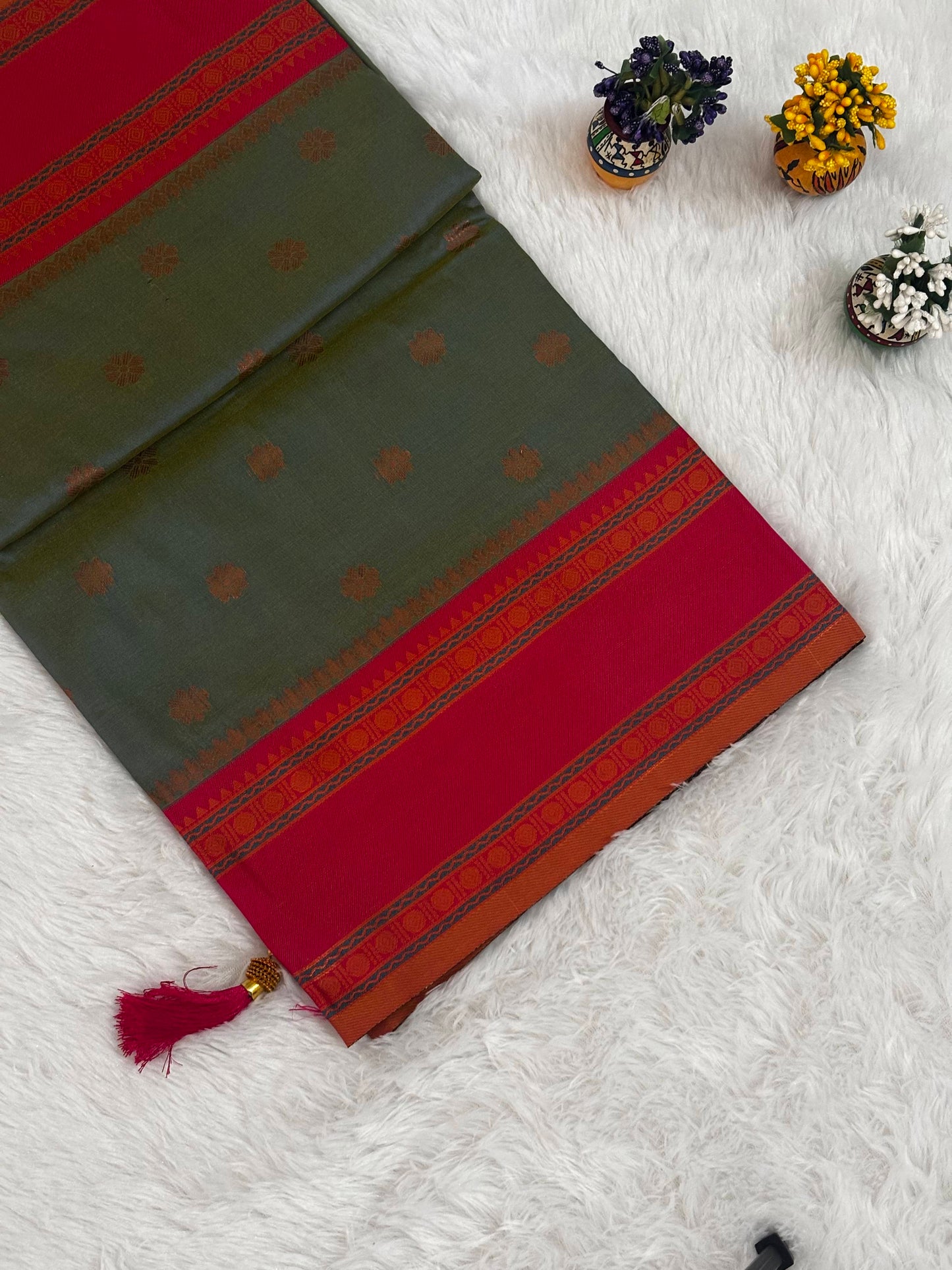 Olive Green & Crimson Red Dual-Tone Silk Saree with Traditional Woven Border and Tassels