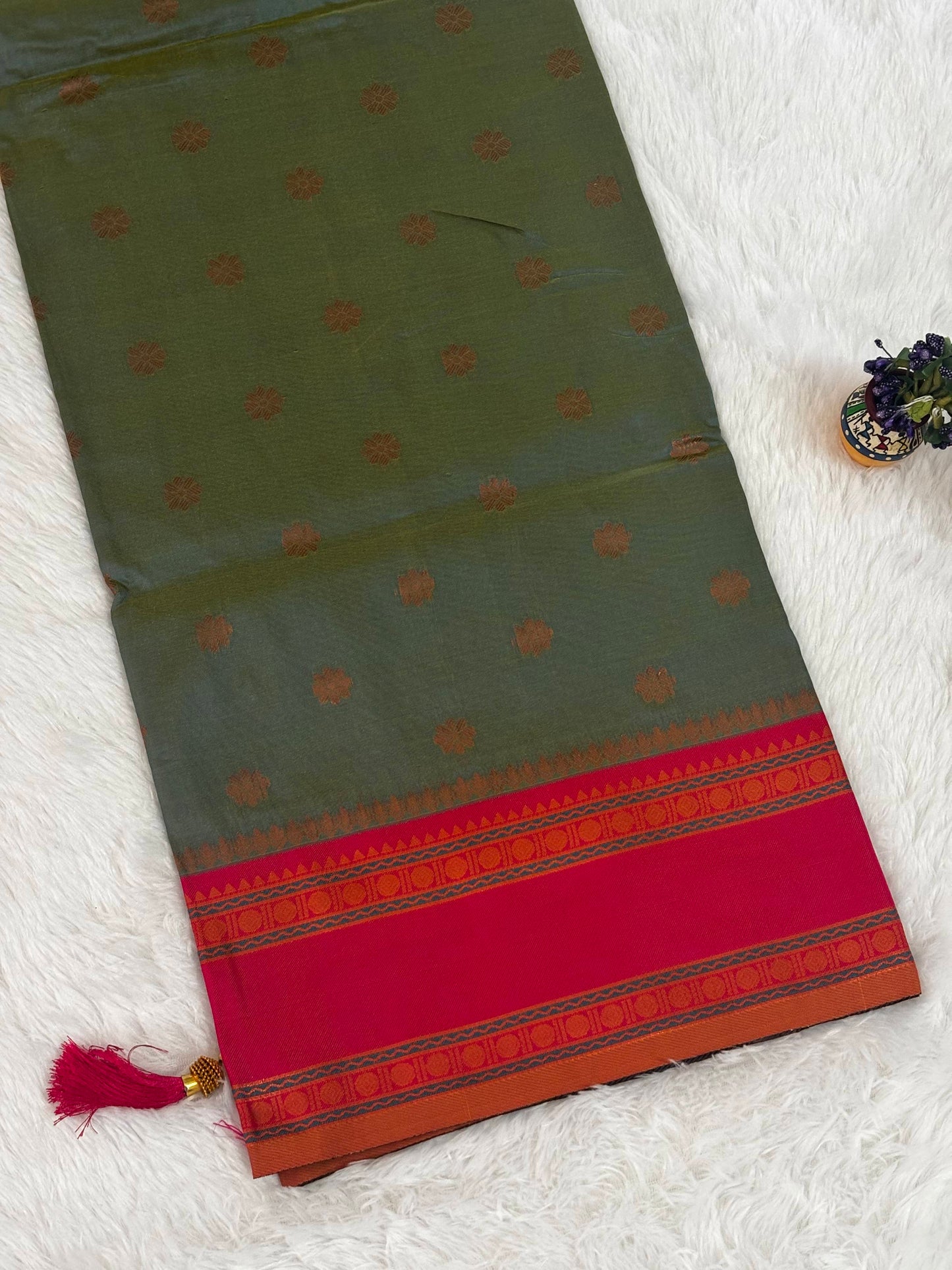 Olive Green & Crimson Red Dual-Tone Silk Saree with Traditional Woven Border and Tassels