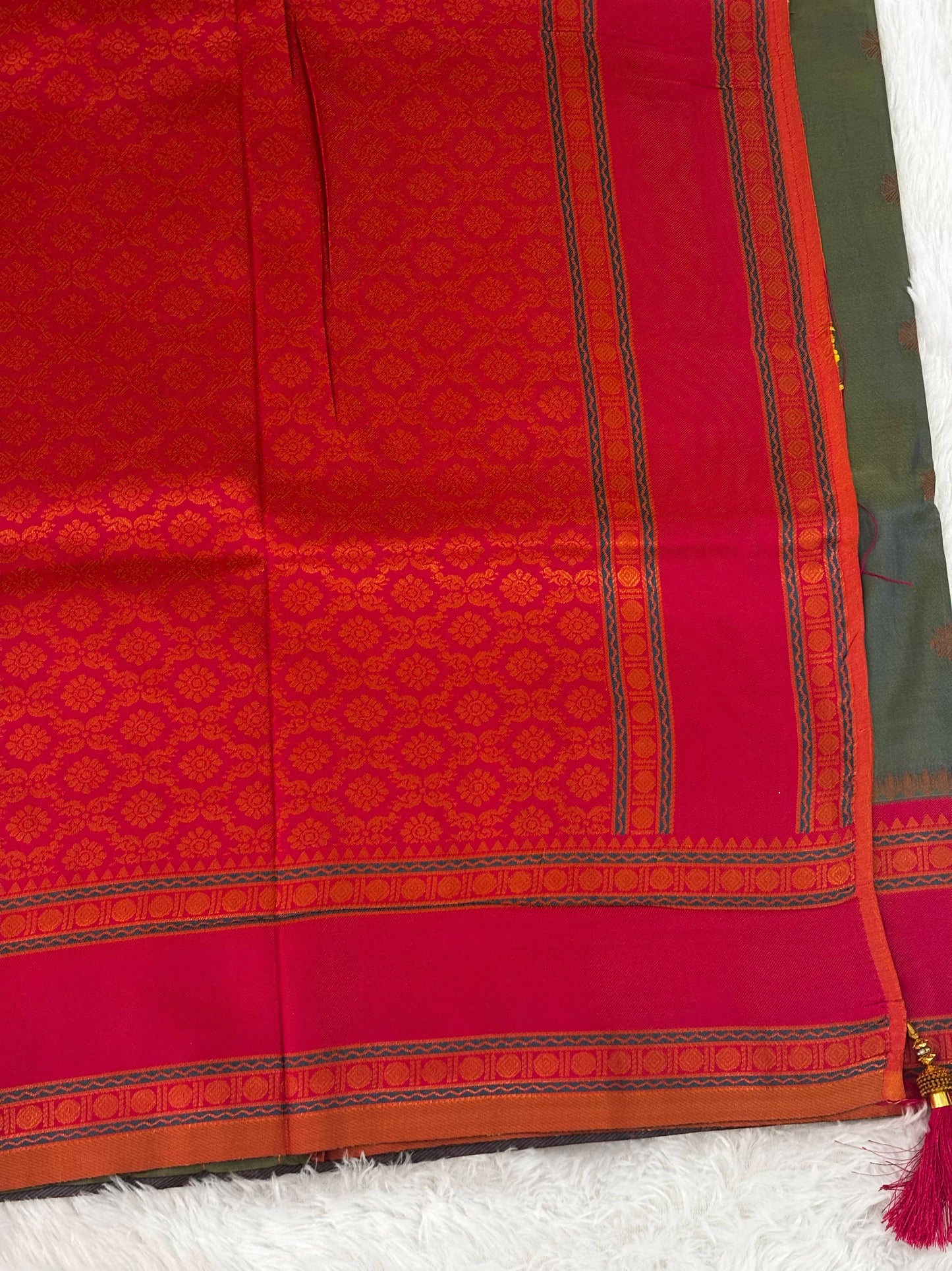Olive Green & Crimson Red Dual-Tone Silk Saree with Traditional Woven Border and Tassels