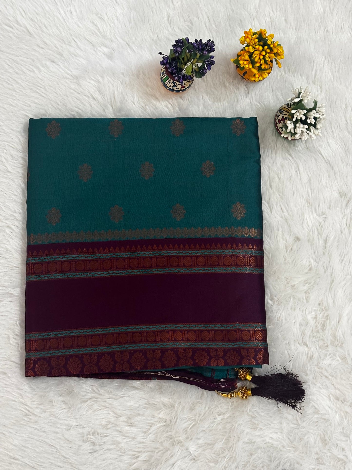 Teal Green & Wine Dual-Tone Silk Saree with Traditional Woven Border and Tassels
