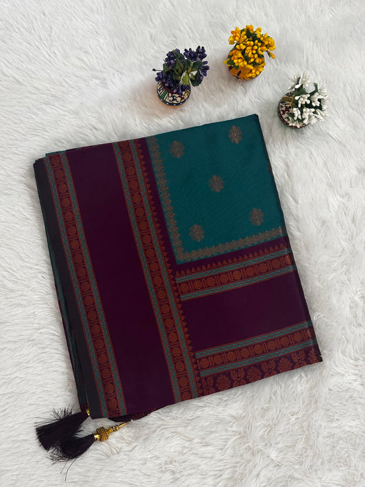 Teal Green & Wine Dual-Tone Silk Saree with Traditional Woven Border and Tassels