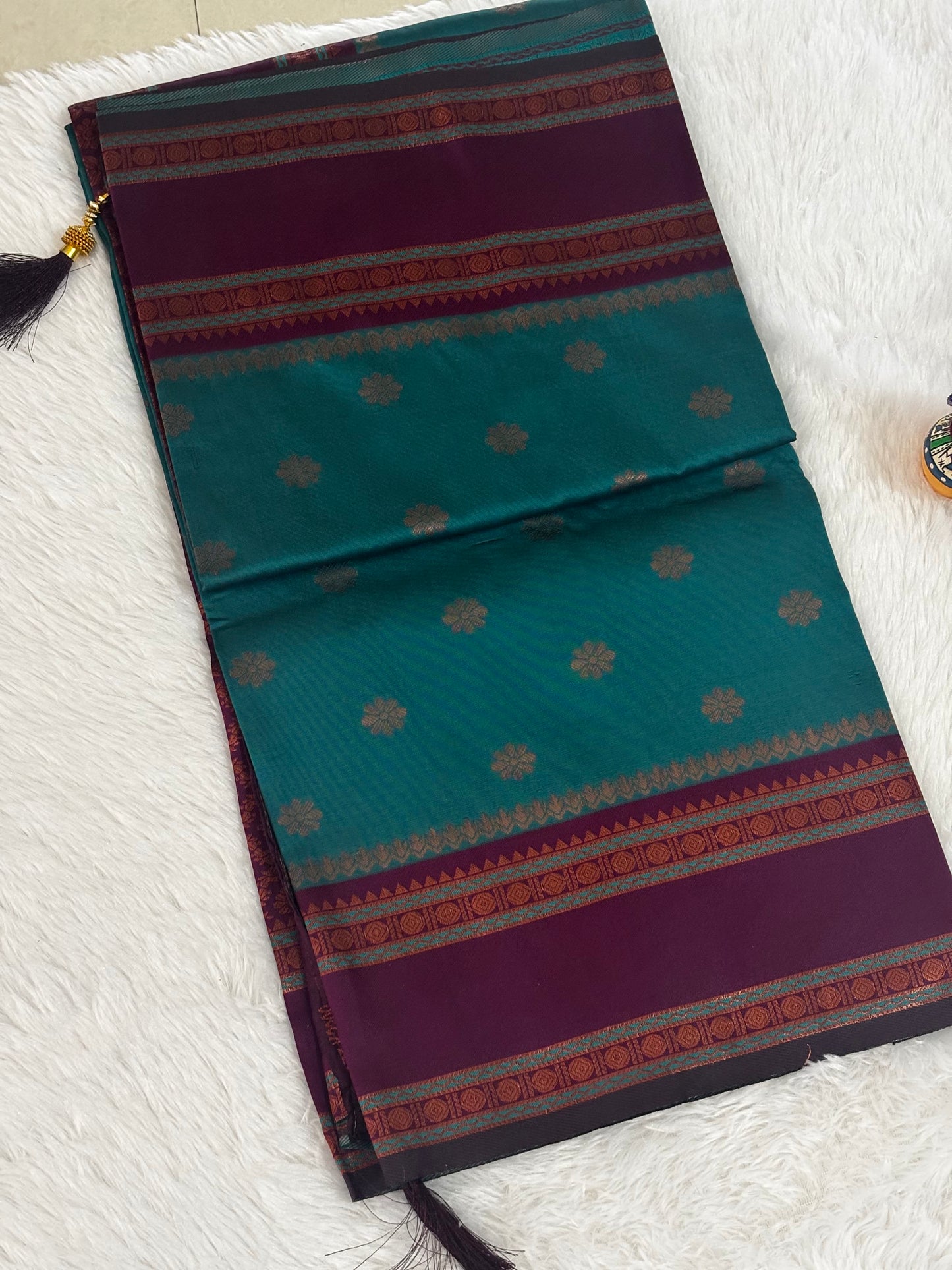 Teal Green & Wine Dual-Tone Silk Saree with Traditional Woven Border and Tassels