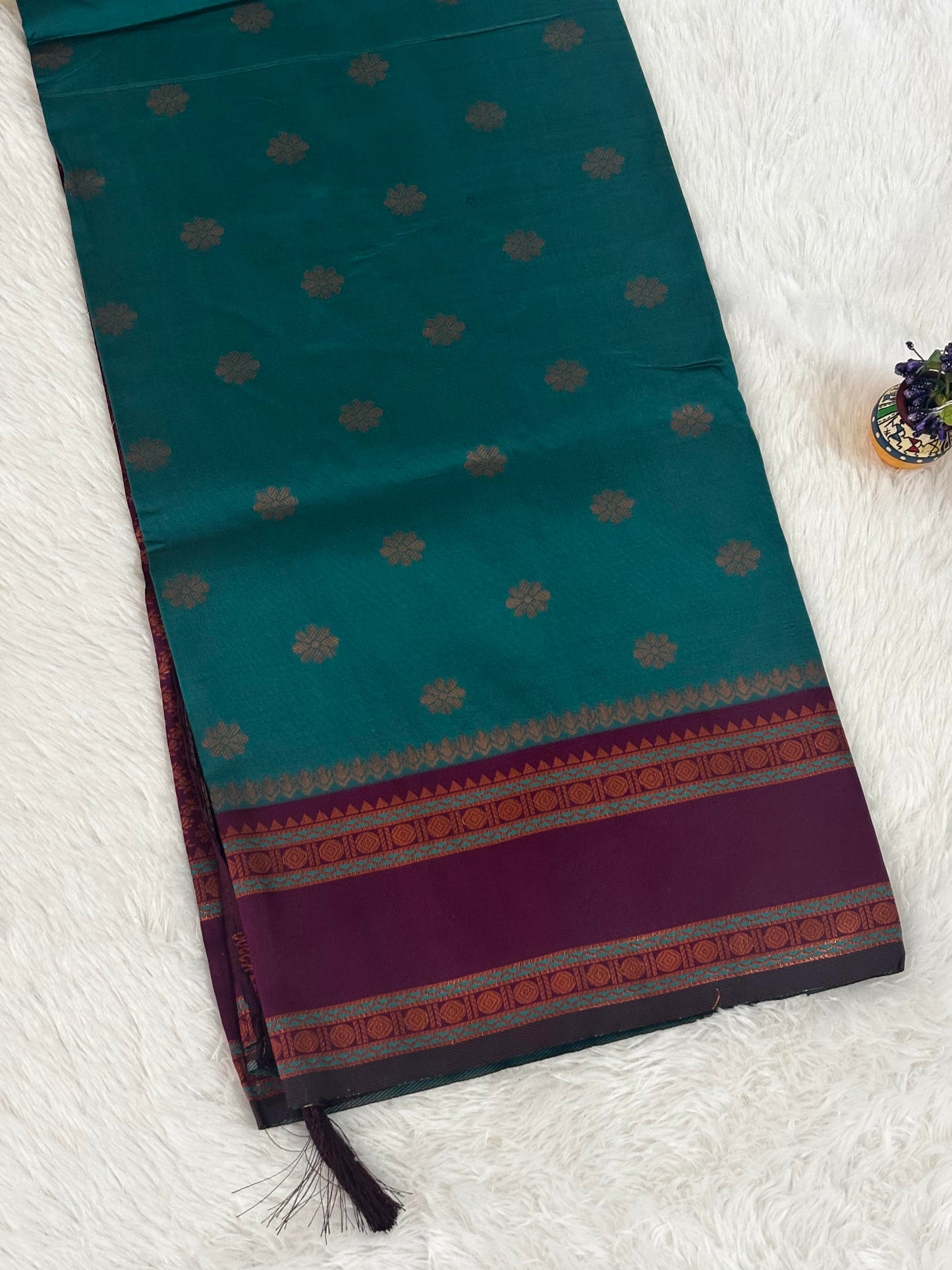 Teal Green & Wine Dual-Tone Silk Saree with Traditional Woven Border and Tassels