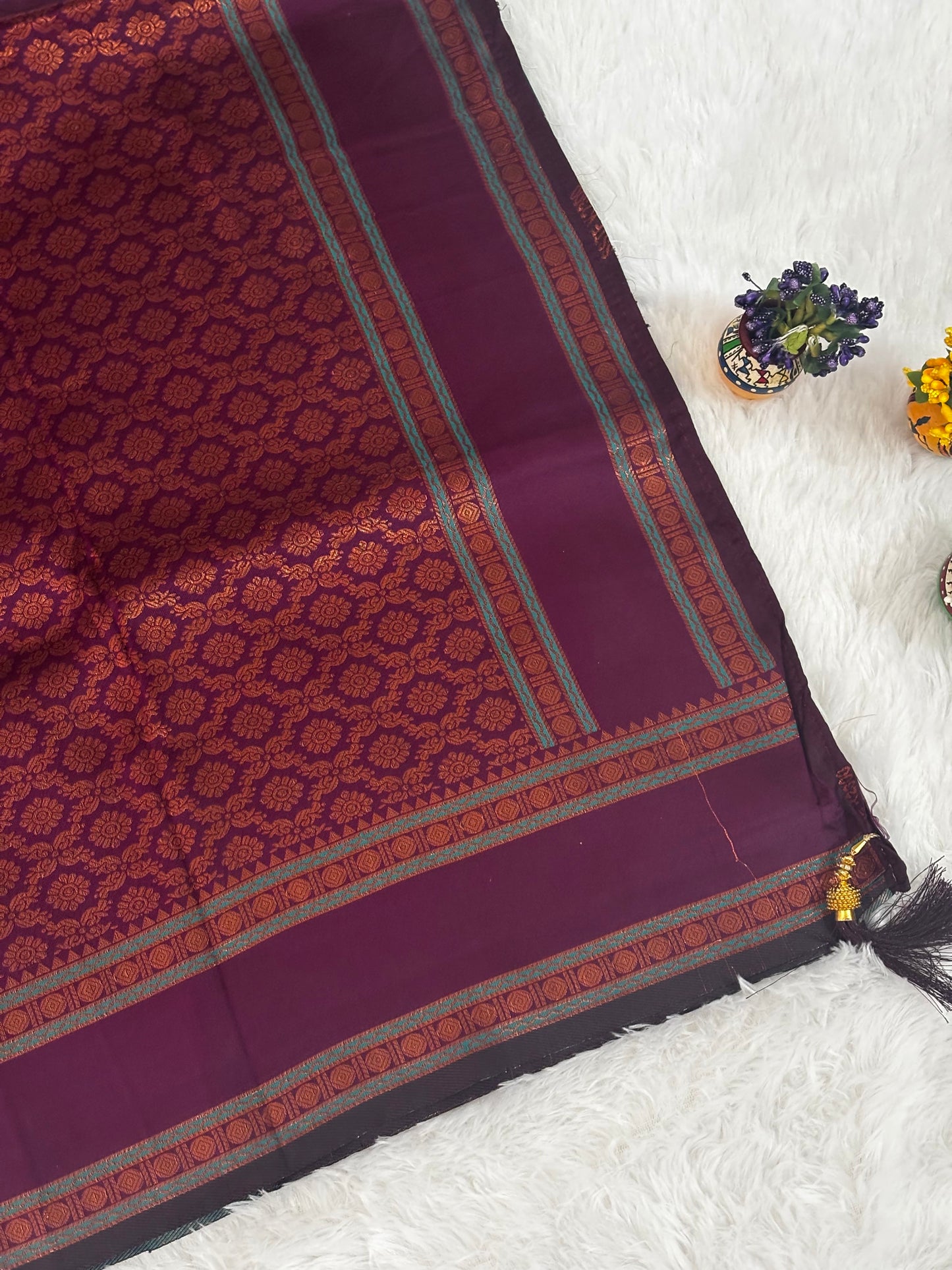 Teal Green & Wine Dual-Tone Silk Saree with Traditional Woven Border and Tassels