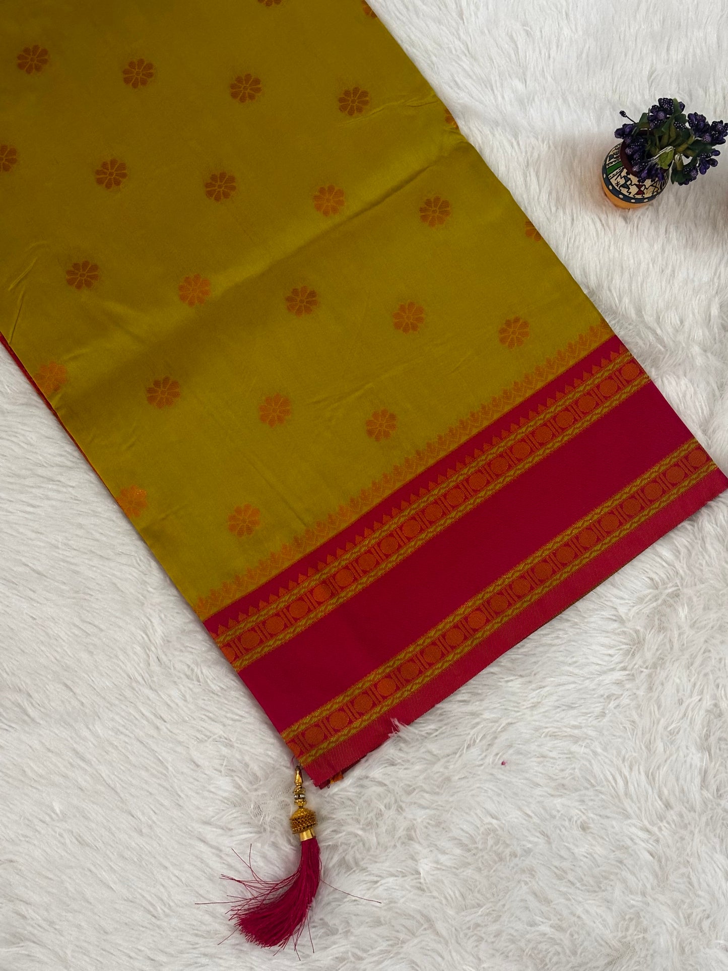 Greenish yellow & Rani Pink Traditional Silk Saree with Woven Border and Tassels