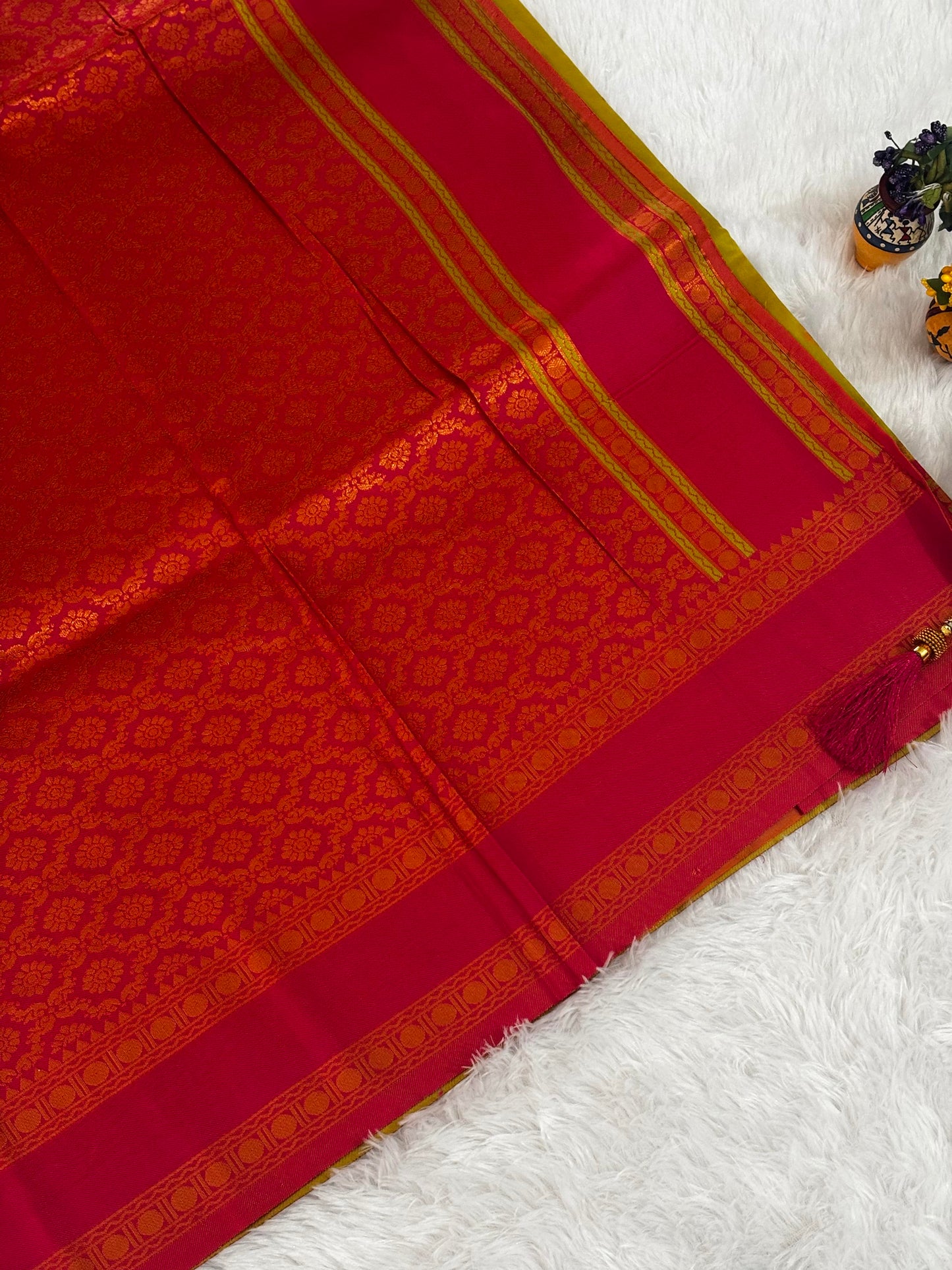 Greenish yellow & Rani Pink Traditional Silk Saree with Woven Border and Tassels