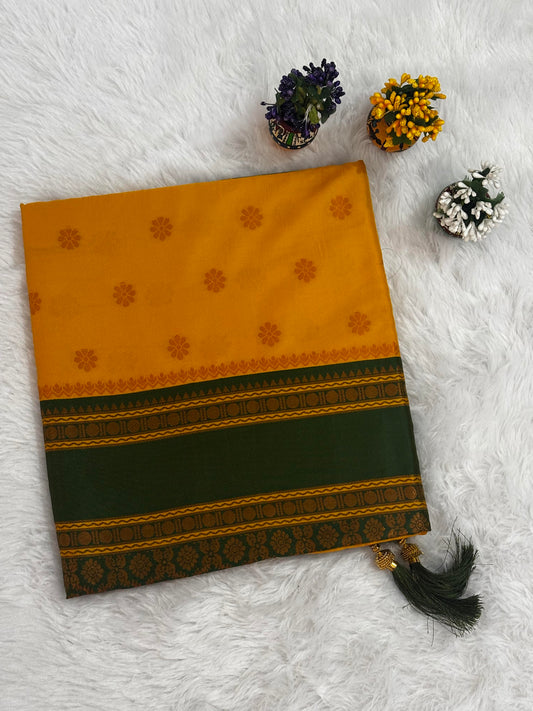 Mustard Yellow & Forest Green Silk Saree with Traditional Woven Border and Tassels