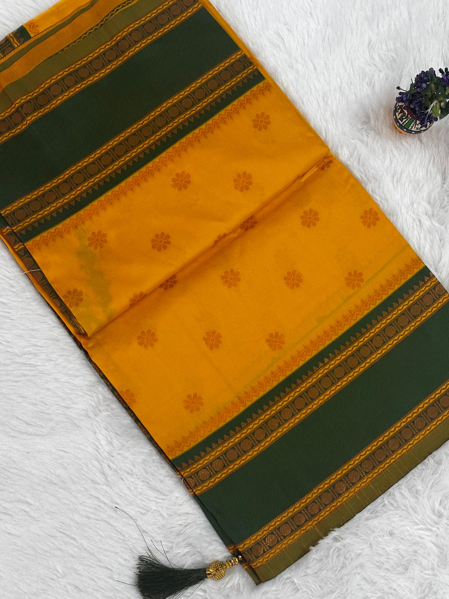 Mustard Yellow & Forest Green Silk Saree with Traditional Woven Border and Tassels
