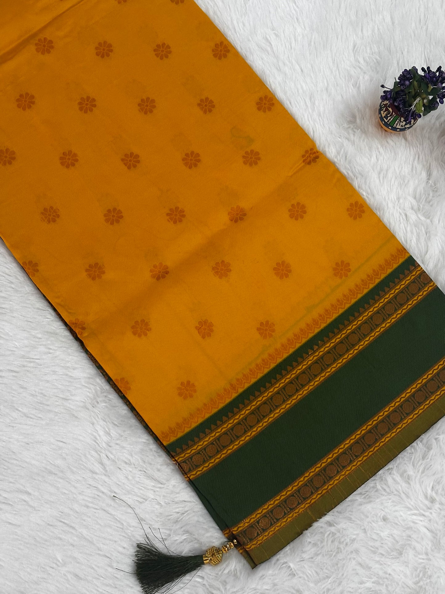 Mustard Yellow & Forest Green Silk Saree with Traditional Woven Border and Tassels