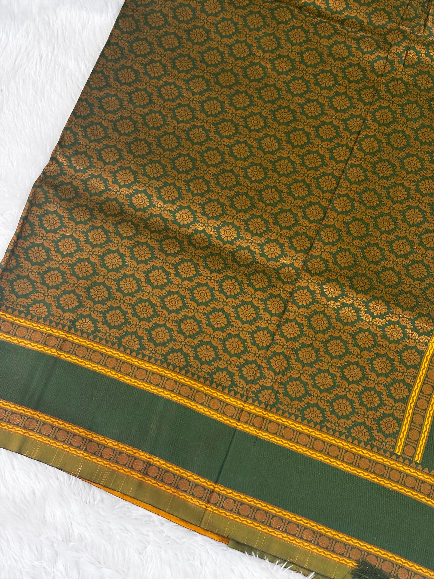 Mustard Yellow & Forest Green Silk Saree with Traditional Woven Border and Tassels
