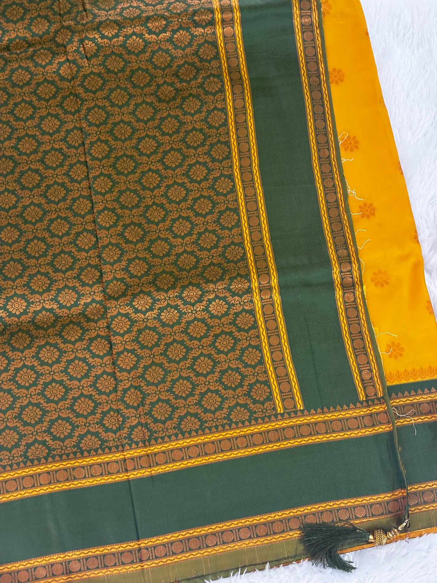 Mustard Yellow & Forest Green Silk Saree with Traditional Woven Border and Tassels