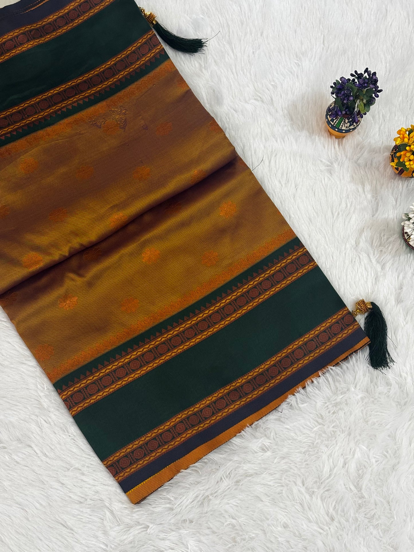 Olive Mustard & Deep Green Silk Saree with Traditional Woven Border and Tassels  Description: